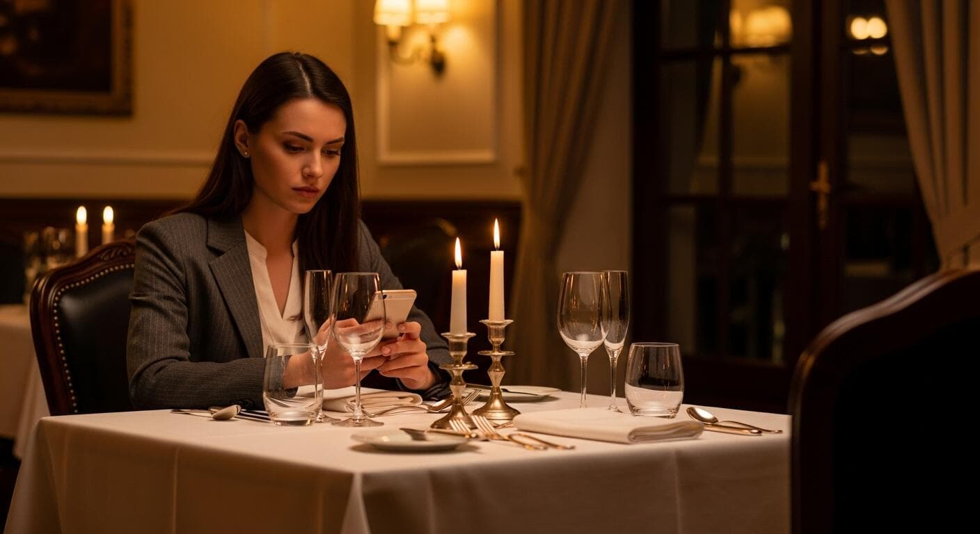 Woman sitting alone at a candlelit dinner table for two, her partner's empty chair across from her, reflecting on signs of narcissism