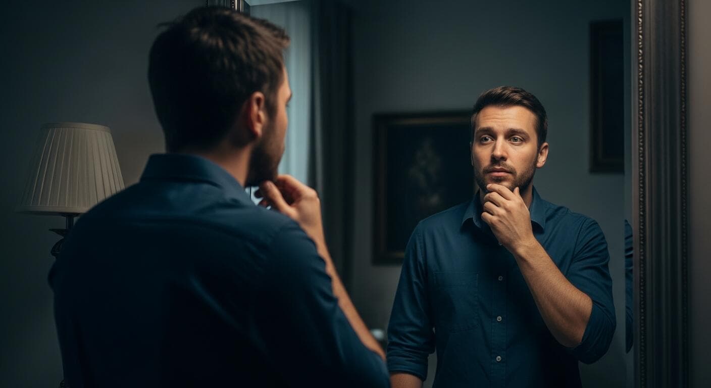 Man looking at his reflection in an ornate mirror with a searching, introspective expression, representing honest narcissism self-assessment