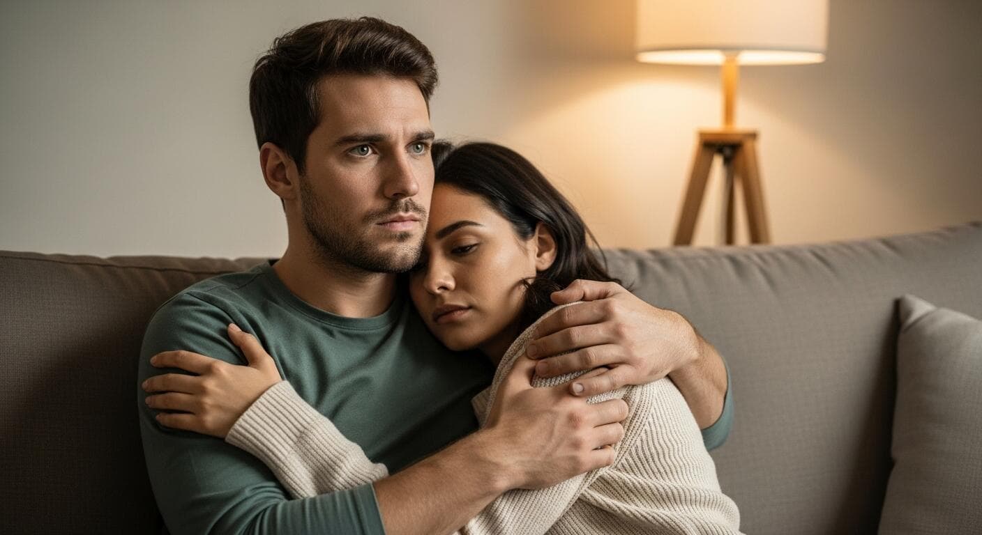 Man clinging to his girlfriend who is pulling away, showing codependent attachment and fear of losing the relationship