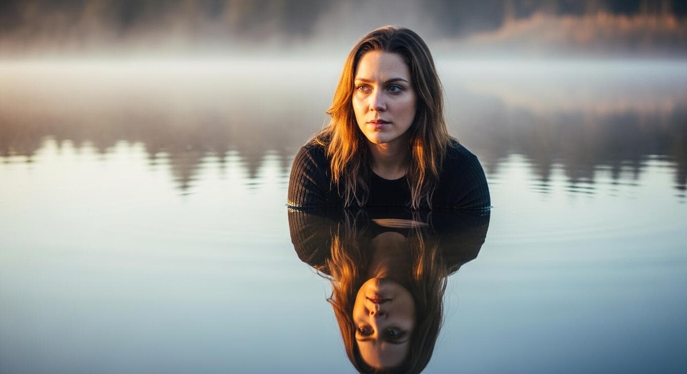 Woman sitting at the edge of a still lake at dawn, gazing at her reflection as a metaphor for core personality self-reflection
