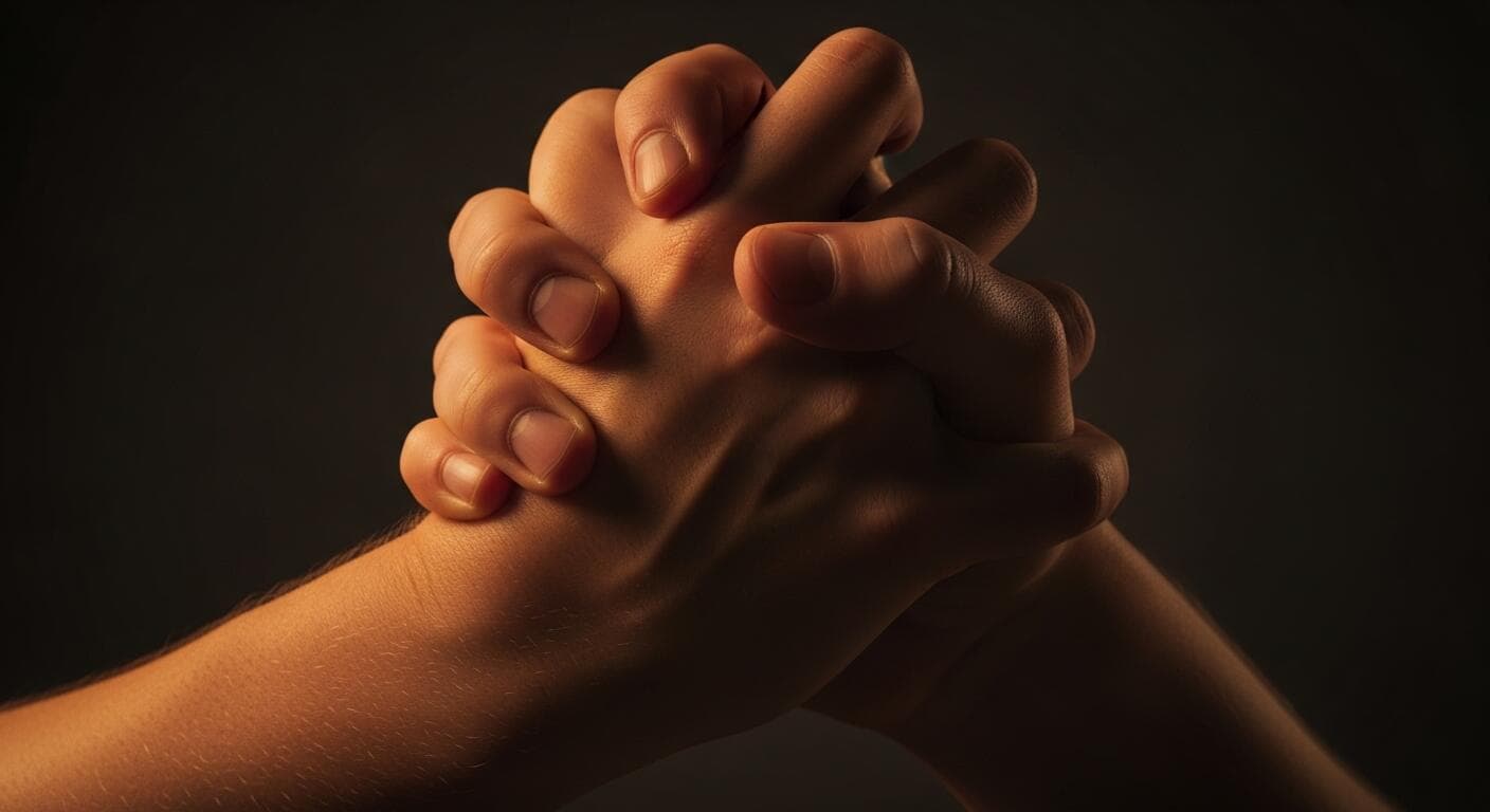 Close-up of two hands intertwined with tension, one gripping tightly, representing the biochemical pull of a trauma bond