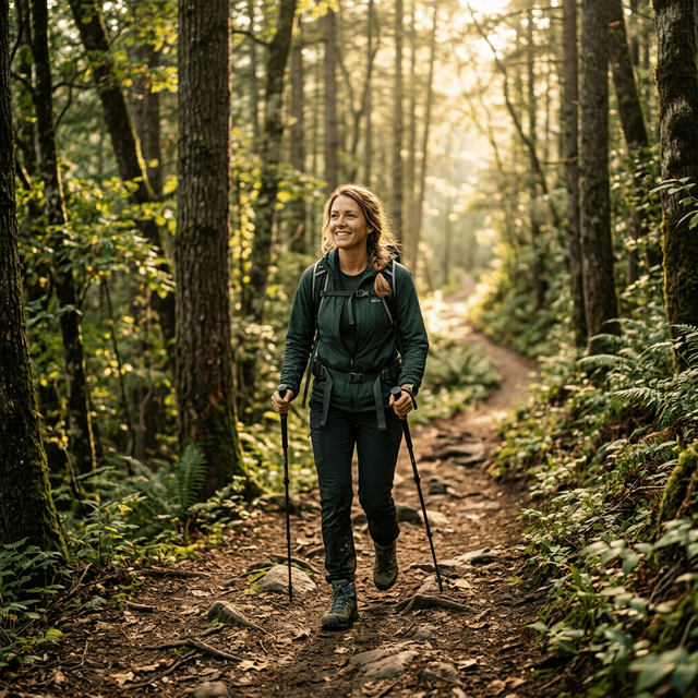 A woman hiking on a winding path through a forest, looking forward with determination, a metaphor for the recovery journey