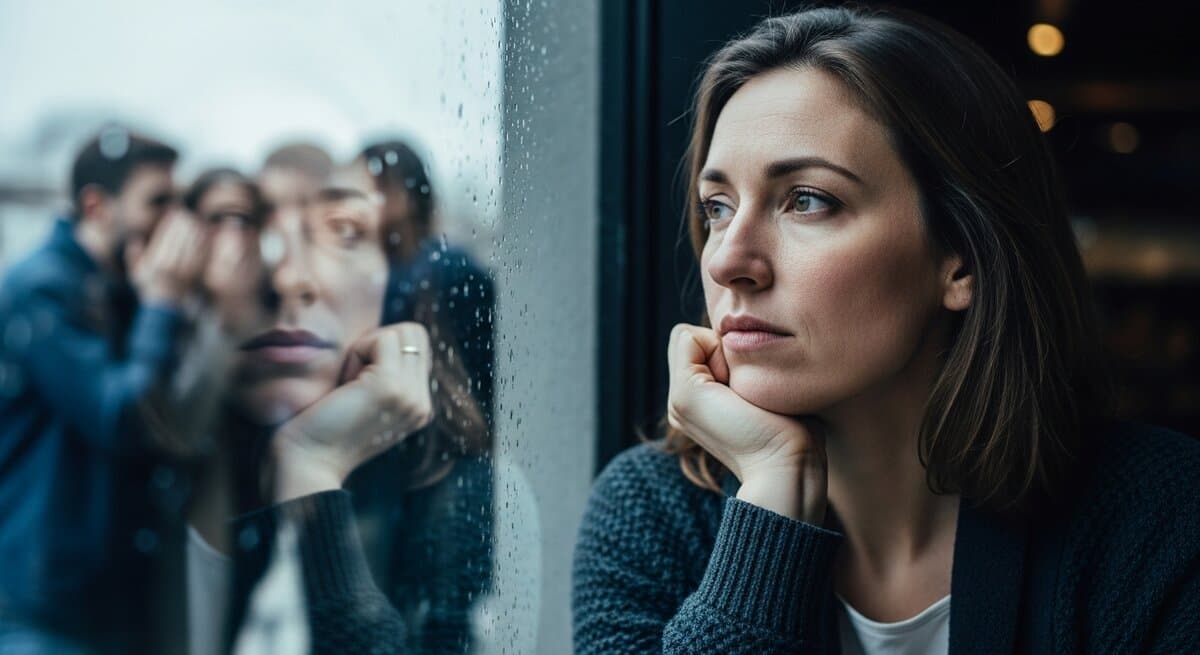 Woman sitting alone at a cafe feeling isolated while blurred friends whisper in background, representing the pain of flying monkeys in narcissistic abuse