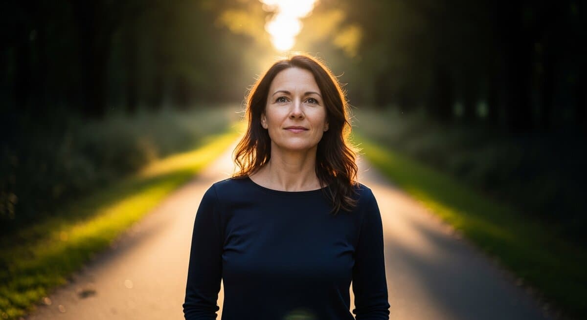 Woman standing calmly at a crossroads in golden afternoon light, representing the choice between no contact and low contact strategies after narcissistic abuse