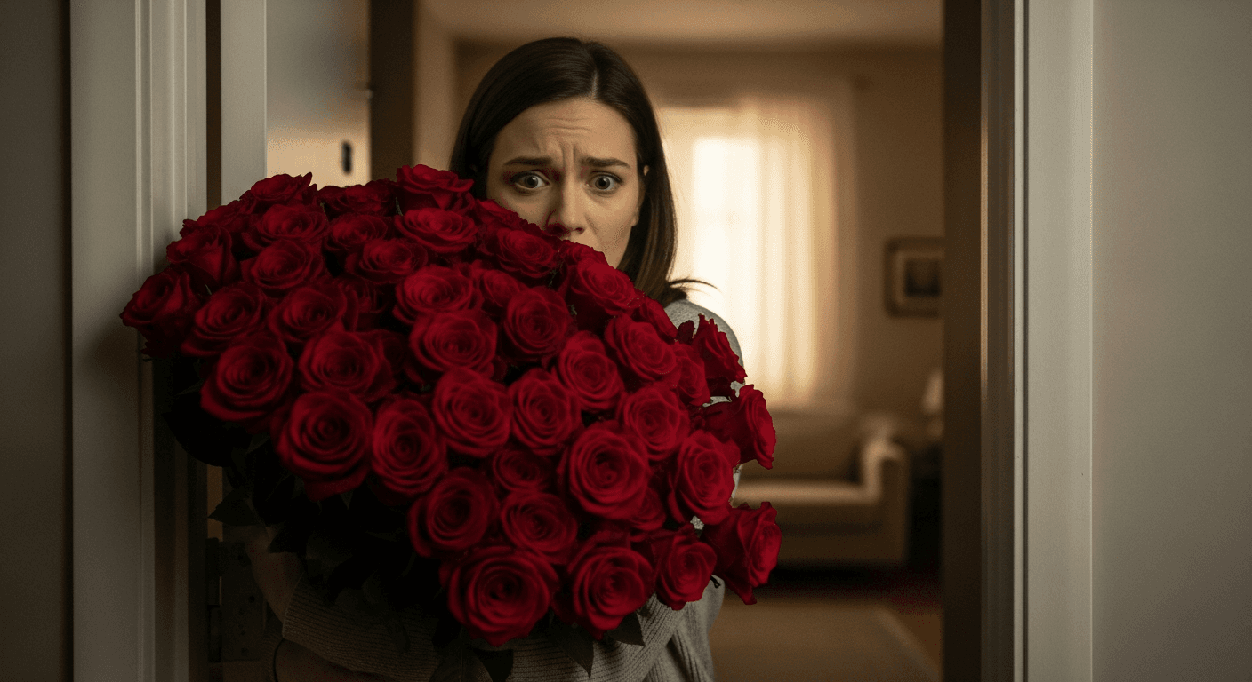 Woman at her apartment door looking overwhelmed and uncertain while receiving an excessive armful of red roses