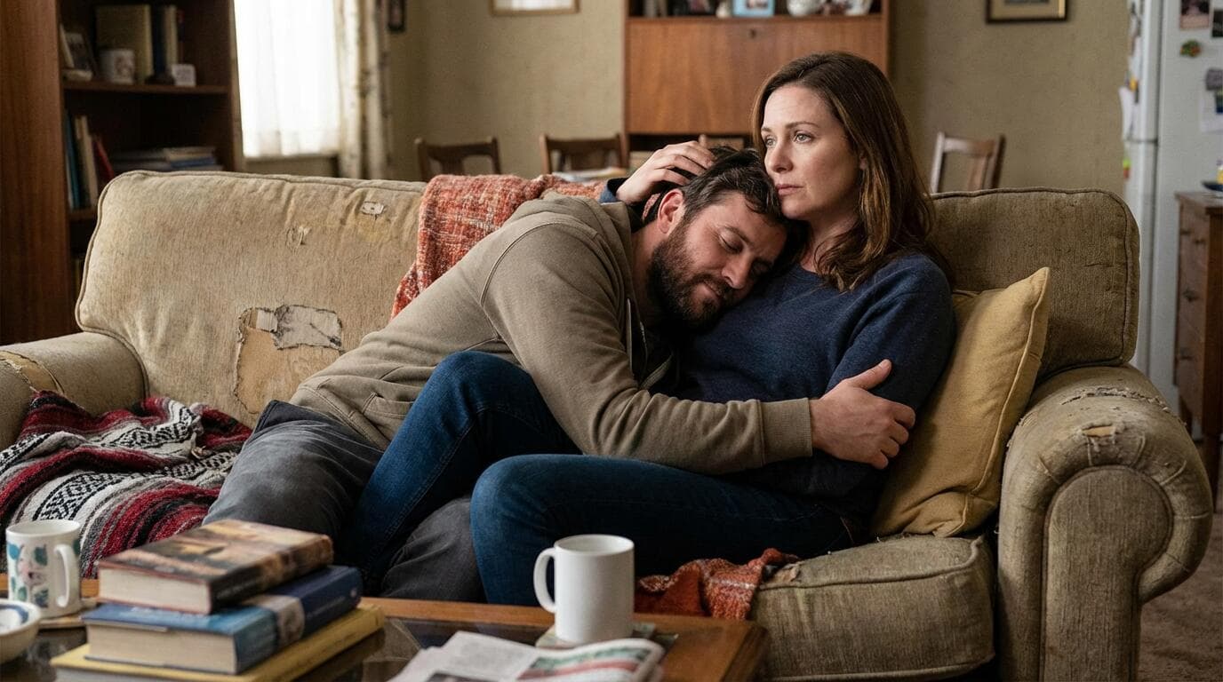 Man lying his head on his girlfriend's chest, showing emotional over-attachment and codependent dependence