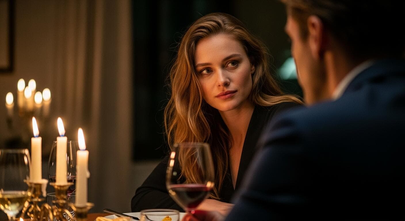 Woman at a candlelit dinner table with a concerned expression, reflecting on whether her partner is a narcissist