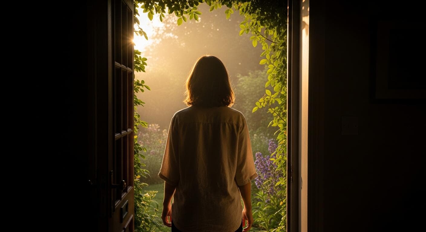Woman standing in an open doorway looking out at a sunlit garden, symbolizing hope and recovery from narcissistic abuse