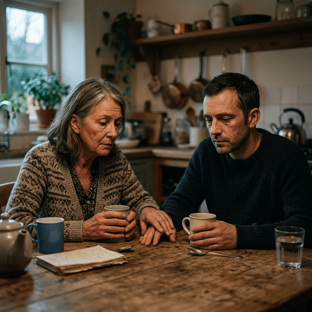 A parent and adult child in a quiet, emotionally complex conversation at a kitchen table